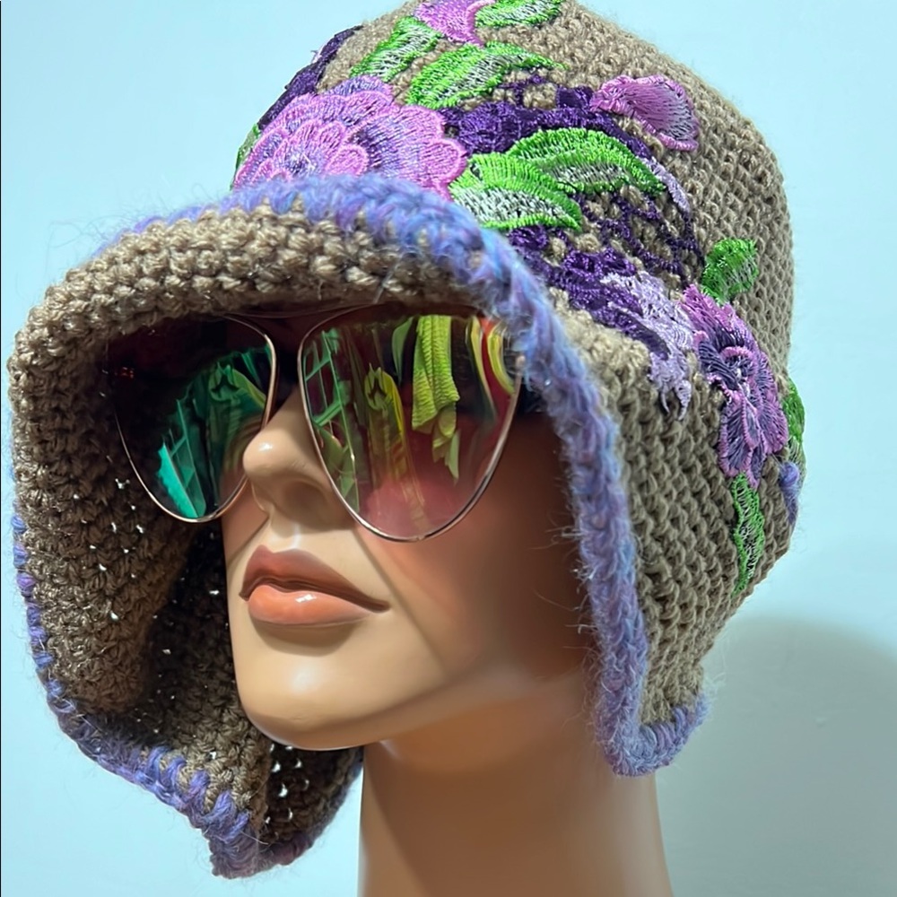 Chic Floral Embroidered Crochet Hat In Cafe Latte/Brown And Purple View 3